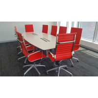 Potenza Boardroom Table 3 Metre White with Eames Replica Chairs in Red